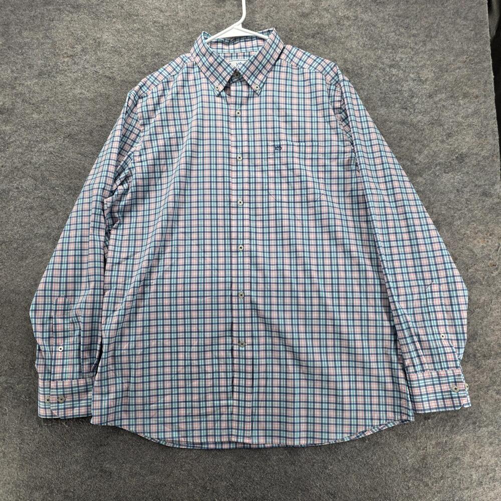 Southern Tide Shirt Mens L Blue Plaid Long Sleeve Button Up Embroidered Pockets